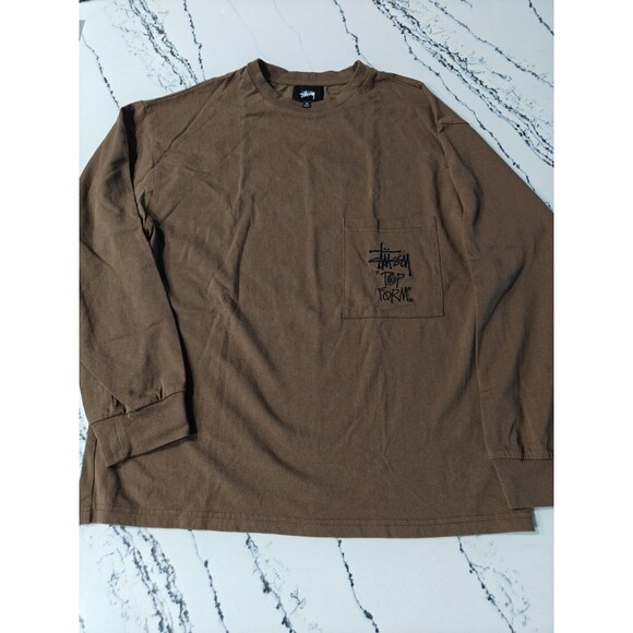 Stussy Top Form Pocket Design Tee Shirt Mens Medium Brown Black Long Sleeve - Picture 2 of 9